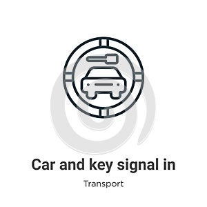 Car and key signal in rotated square outline vector icon. Thin line black car and key signal in rotated square icon, flat vector