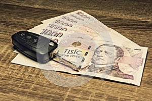 Car keys and banknotes as the concept of buying or renting a car