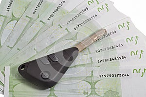 Car keys on 100 Euro bills background