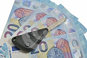 Car keys on 20 Euro bills background