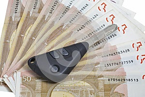 Car keys on 50 Euro bills background