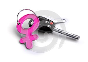 Car keys with female icon keyring. Concept for women drivers or car owners