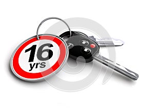 Car keys with legal USA driving age on keyring.