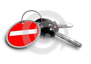 Car keys with no entry road sign on keyring.