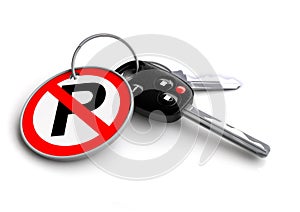 Car keys with no parking road sign on keyring.