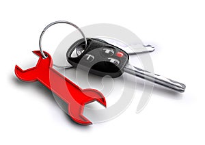 Car keys with spanner icon keyring. Concept for vehicle maintenance and servicing plan.