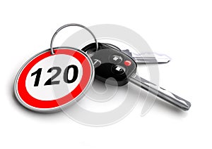 Car keys with speed limit road sign on keyring.