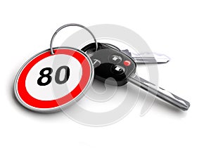 Car keys with speed limit road sign on keyring.