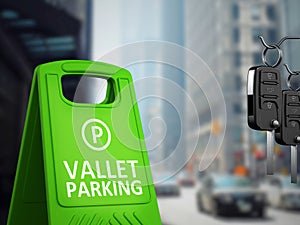 Car keys and vallet parking board on big city background. 3D illustration