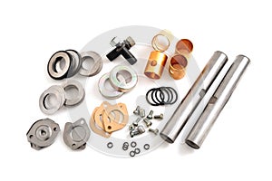 Car kingpin repair kit, auto chassis repair parts, chassis truck repair parts kit, selective focus, white background photo