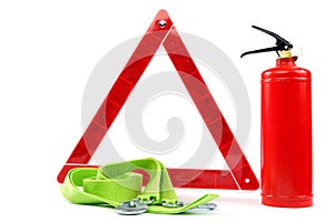 Car kit. Fire extinguisher, emergency sign and tow rope