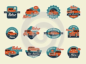 Car labels. Retro classic badges for repair car service recent vector template isolated