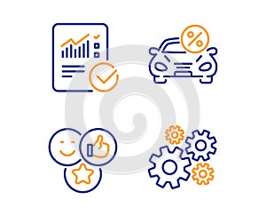 Car leasing, Like and Checked calculation icons set. Cogwheel sign. Vector