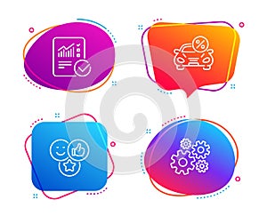 Car leasing, Like and Checked calculation icons set. Cogwheel sign. Vector