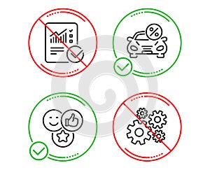 Car leasing, Like and Checked calculation icons set. Cogwheel sign. Vector