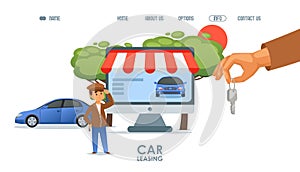 Car leasing service online landing page vector illustration with rented auto and customer in cartoon style.