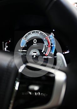 Car LED dashboard display with engine revolutions, speed, temperature, fuel level, fuel consumption and mileage