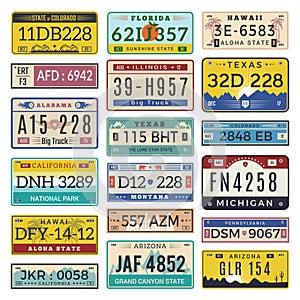 Car license plates. Automobile registration numbers vector template letters