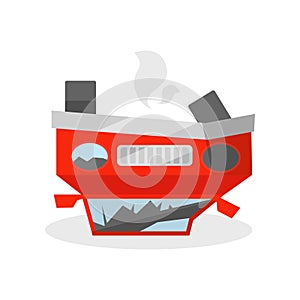 Car lies reverse on its the roof. Automobile after crash. Wrecked vehicle. Flat vector for promo poster or flyer of