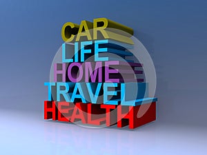 Car life home travel health on blue