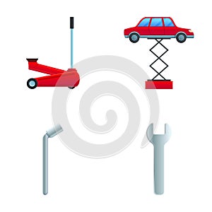 Car lift icons set cartoon vector. Process of repairing car