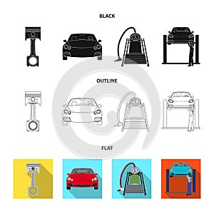 Car on lift, piston and pump black,flat,outline icons in set collection for design.Car maintenance station vector symbol