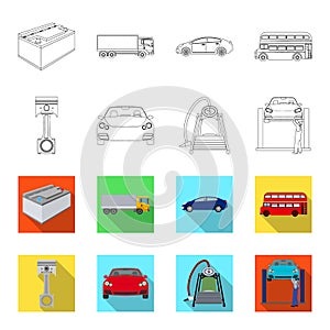 Car on lift, piston and pump outline,flat icons in set collection for design.Car maintenance station vector symbol stock