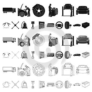 Car, lift, pump and other equipment cartoon icons in set collection for design. Car maintenance station vector symbol