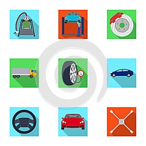 Car, lift, pump and other equipment flat icons in set collection for design. Car maintenance station vector symbol stock