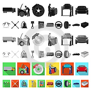 Car, lift, pump and other equipment flat icons in set collection for design. Car maintenance station vector symbol stock