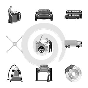 Car, lift, pump and other equipment monochrome icons in set collection for design. Car maintenance station vector symbol