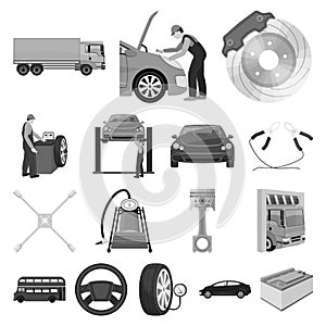 Car, lift, pump and other equipment monochrome icons in set collection for design. Car maintenance station vector symbol