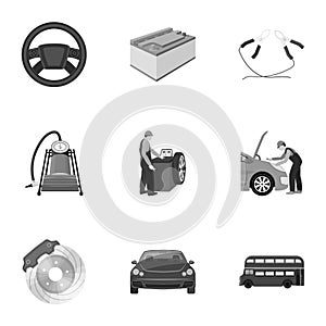 Car, lift, pump and other equipment monochrome icons in set collection for design. Car maintenance station vector symbol