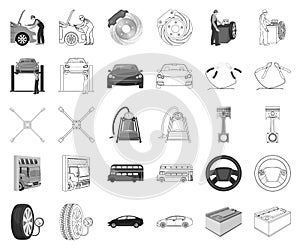 Car, lift, pump and other equipment monochrome,outline icons in set collection for design. Car maintenance station