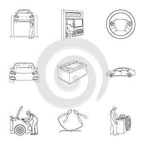 Car, lift, pump and other equipment outline icons in set collection for design. Car maintenance station vector symbol