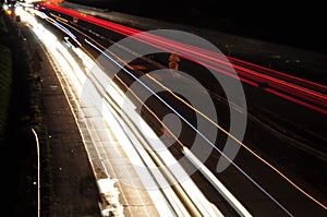 Car light lines on a higway during trafic jam at night