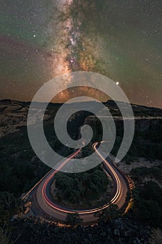 Car light trails and the Milky Way Galaxy from Rowena Crest in Oregon photo