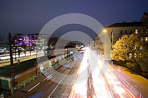 Car light trails at night in Vienna