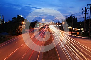 Car light trails Rayong province to Pattaya in Thailand