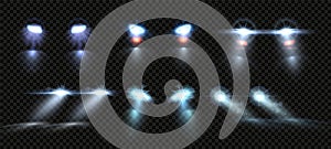 Car lights. Night road headlights beams, light overlay effect of auto lamps flares isolated vector set
