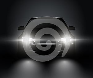 Car lights realistic front silhouette view. Automobile vector car headlights in darkness