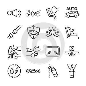 Car line icon set. Included the icons as car horn, seat, camera, airbags, insurance, belt and more. photo