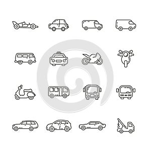 Car line icon set with motorcycle, bus
