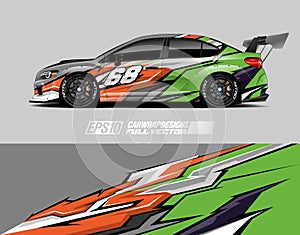 Car livery design vector. Graphic abstract stripe racing background designs for vehicle, race car, rally, adventure.