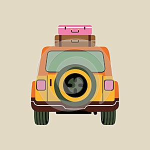 Car, loaded roof with luggage  element in modern flat line style. Hand drawn vector illustration of leisure, vacation, travel,