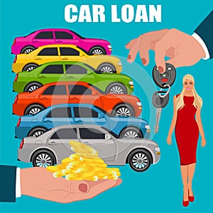 Car loan, hands holding money and keys, vector illustration, flat style