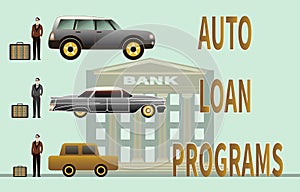 Car loan program and buying car on bank background