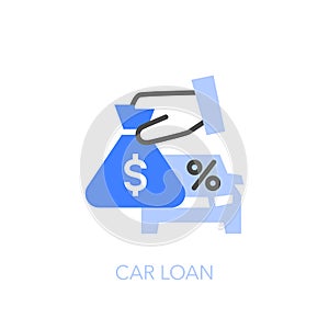 Car loan symbol with a car and a hand holding a bag of money