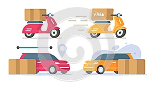 Car local delivery service icon vector set, motor scooter bike courier free fast shipping flat cartoon graphic illustration, auto