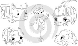 Car, lorry, bus, trolleybus and traffic lights. Coloring book